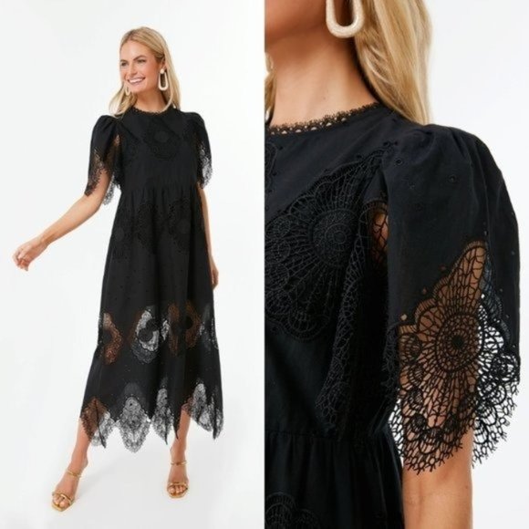 Tuckernuck Dresses & Skirts - Tuckernuck NEW Black Catalina Lace Formal Short Sleeve Midi Dress Women Size XXS